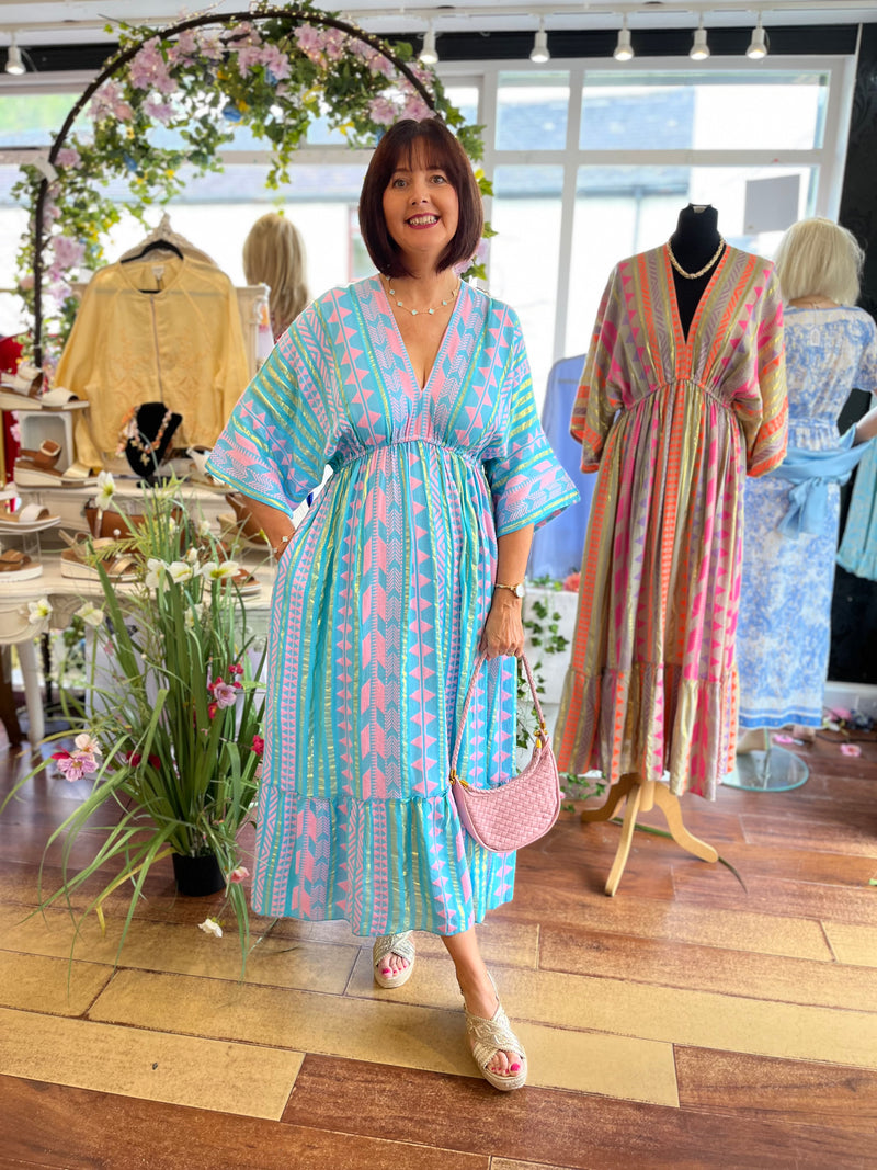 pink and aqua dress Pink & Aqua Floral Asymmetrical Midi Dress