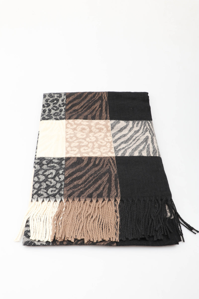 Ember Animal Print Check Shawl - Black & Taupe