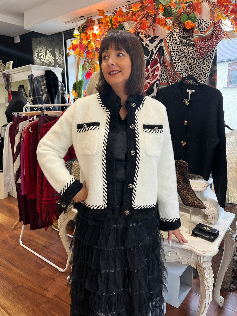 Martha Flower Button Monochrome Knitted Jacket - Cream