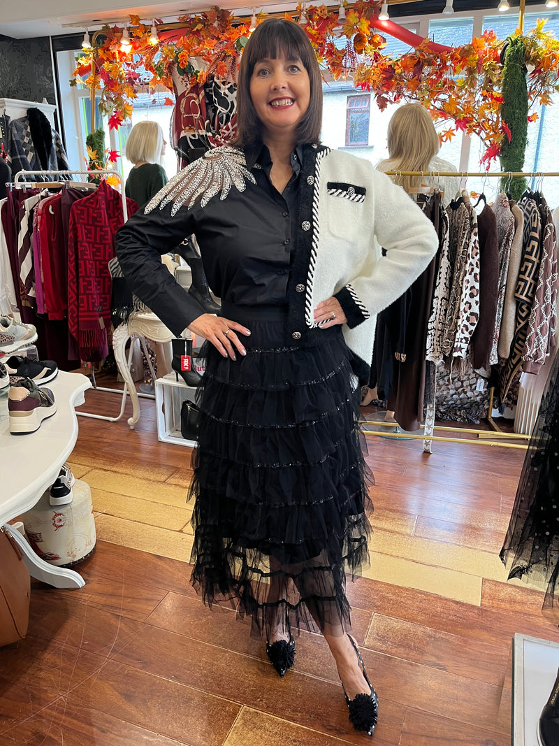 Rian Ruffle & Sequin Tulle Skirt - Black