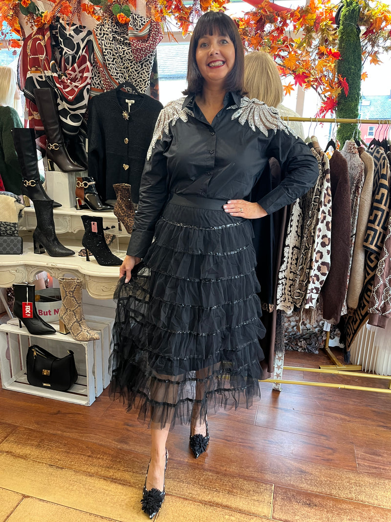 Rian Ruffle & Sequin Tulle Skirt - Black