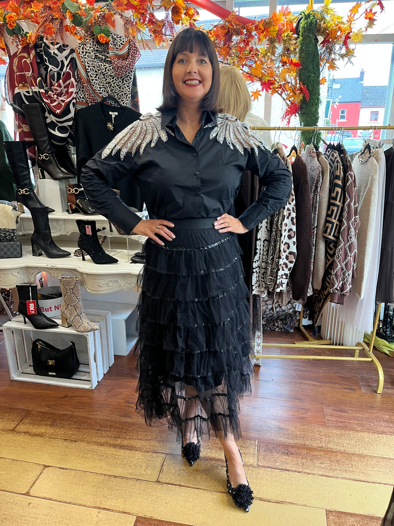 Rian Ruffle & Sequin Tulle Skirt - Black