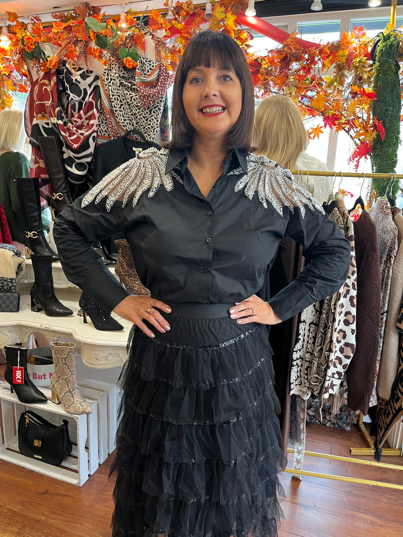 Rian Ruffle & Sequin Tulle Skirt - Black