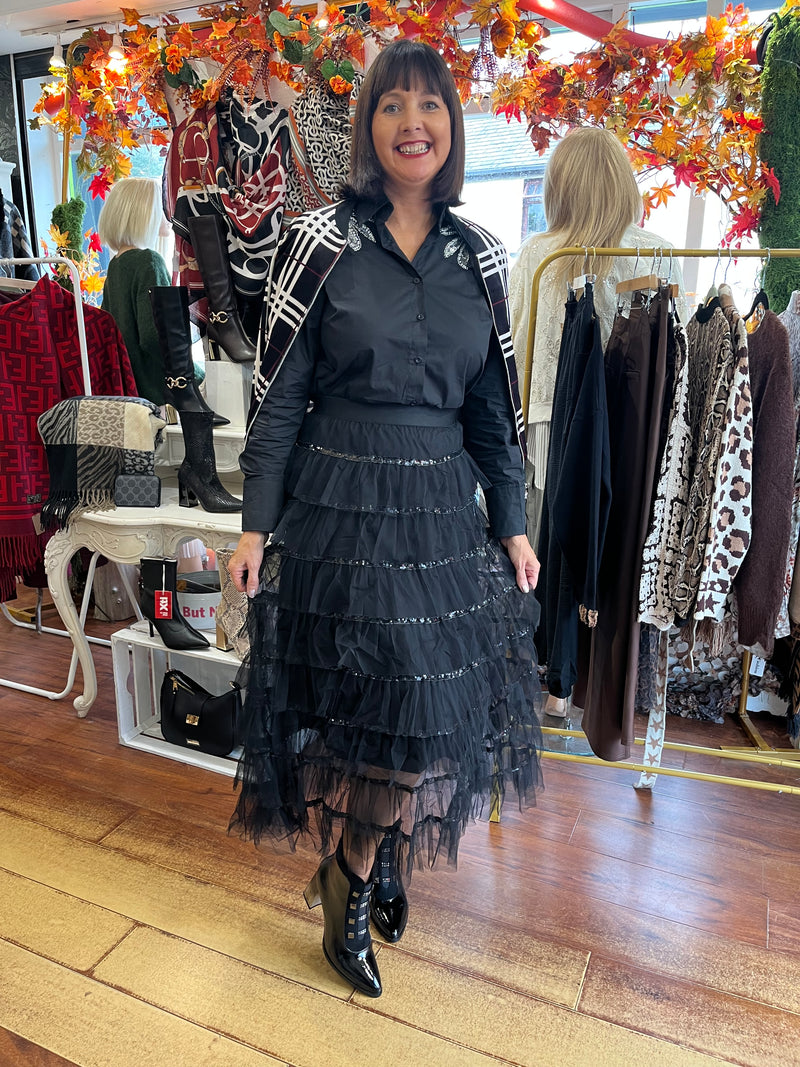 Rian Ruffle & Sequin Tulle Skirt - Black