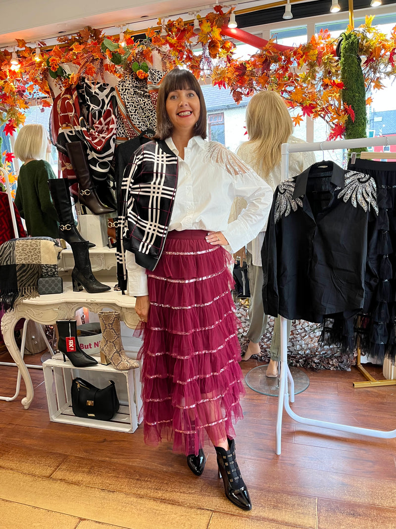 Rian Ruffle & Sequin Tulle Skirt - Burgundy