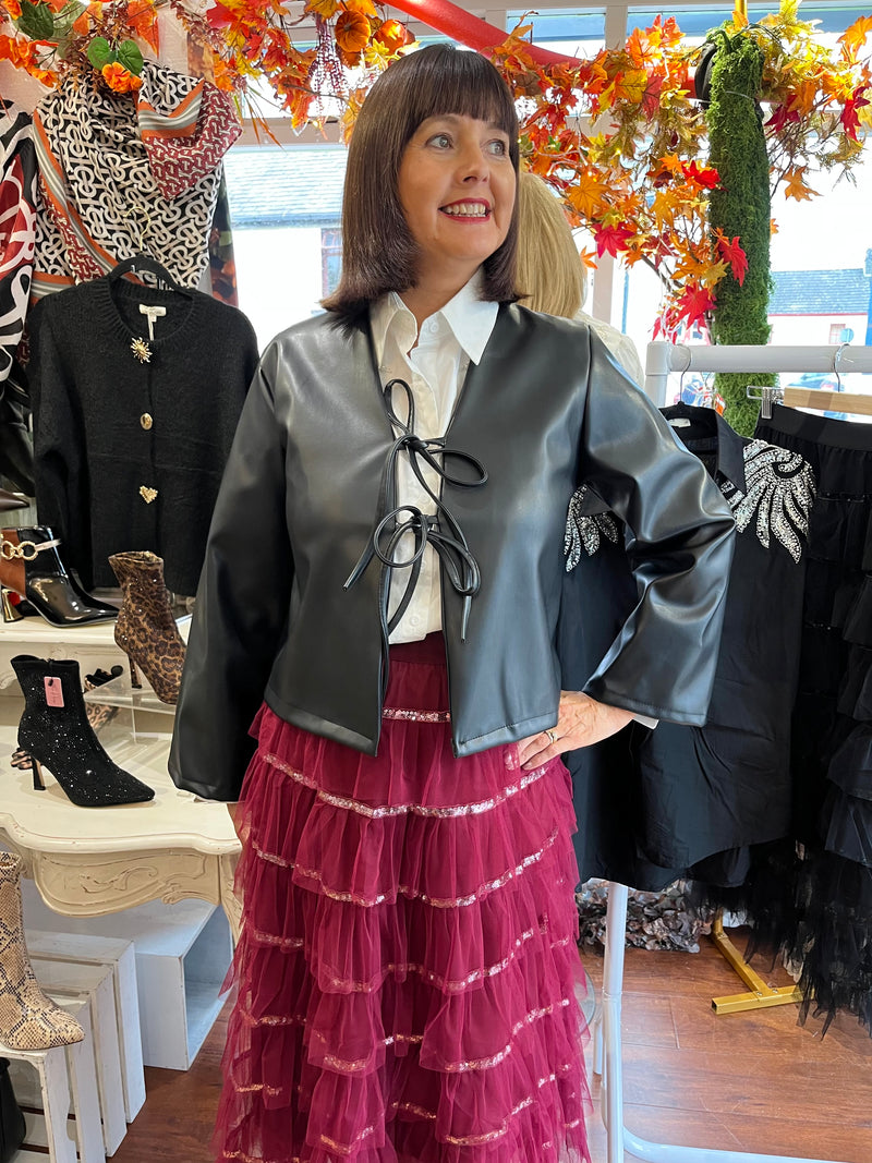 Rian Ruffle & Sequin Tulle Skirt - Burgundy