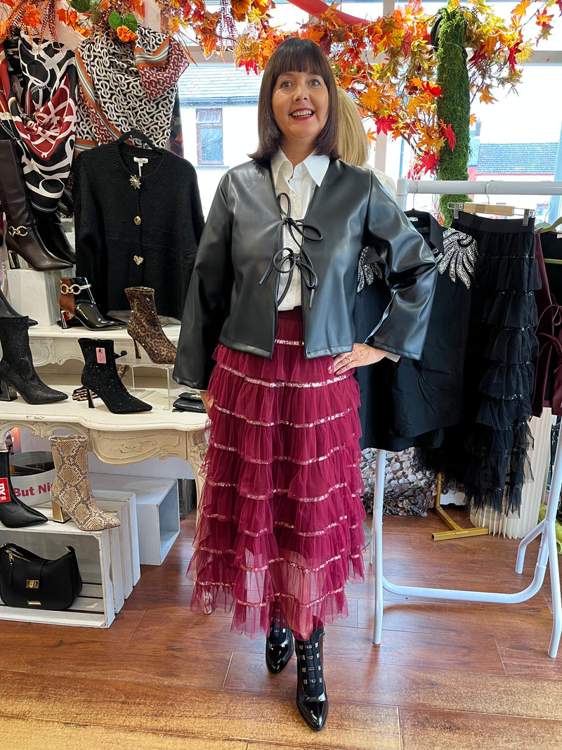 Rian Ruffle & Sequin Tulle Skirt - Burgundy