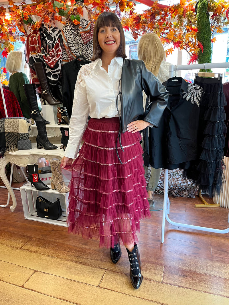 Rian Ruffle & Sequin Tulle Skirt - Burgundy