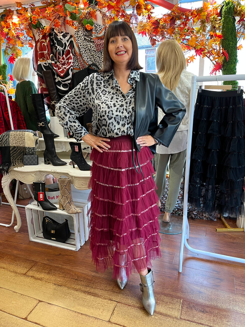 Rian Ruffle & Sequin Tulle Skirt - Burgundy