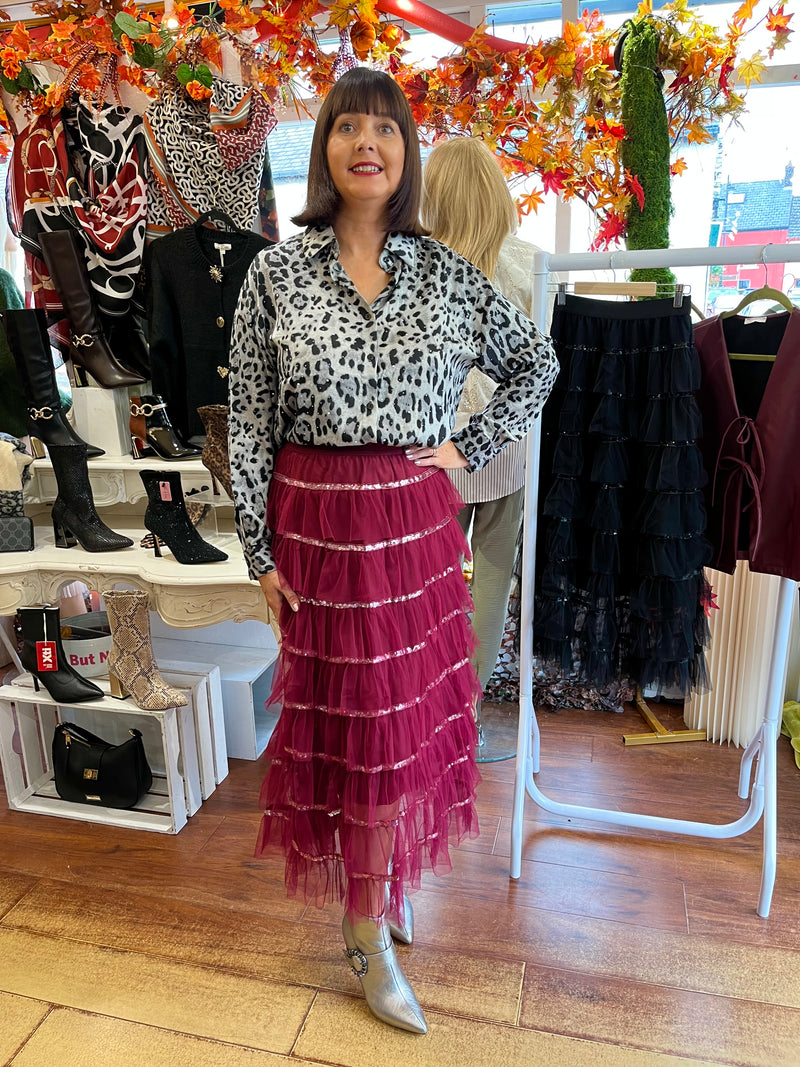 Rian Ruffle & Sequin Tulle Skirt - Burgundy