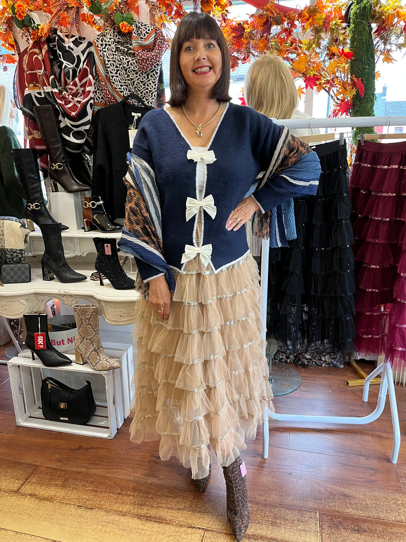 Rian Ruffle & Sequin Tulle Skirt - Camel