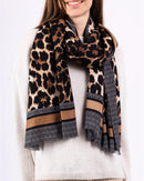 Megan Leopard Print Scarf With Camel Trim