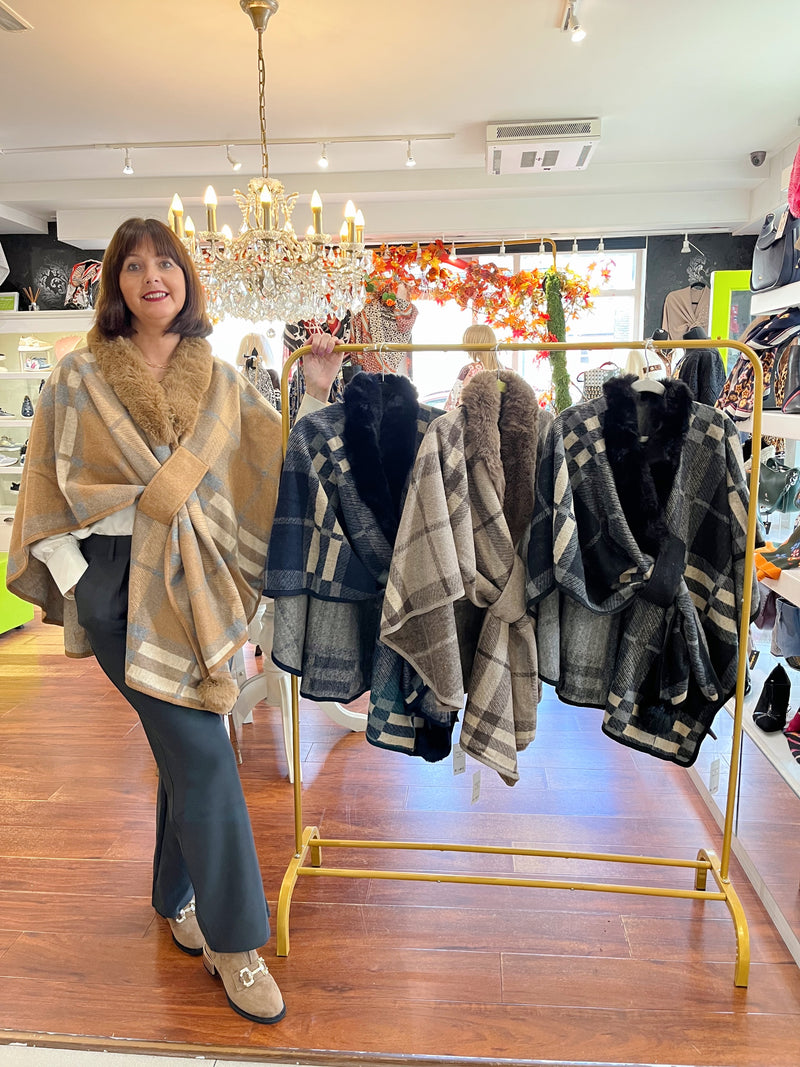 Eileen Tartan Cape - Camel