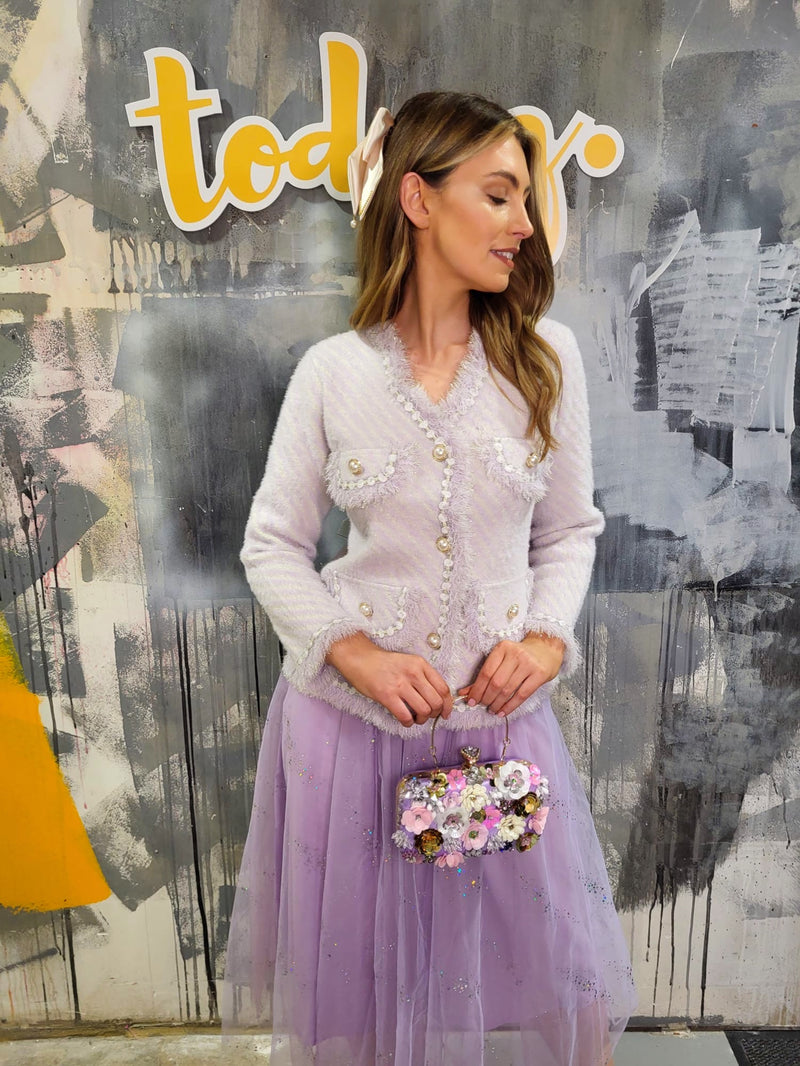 Dorothy Floral Sequin Applique Clutch Bag - Lilac