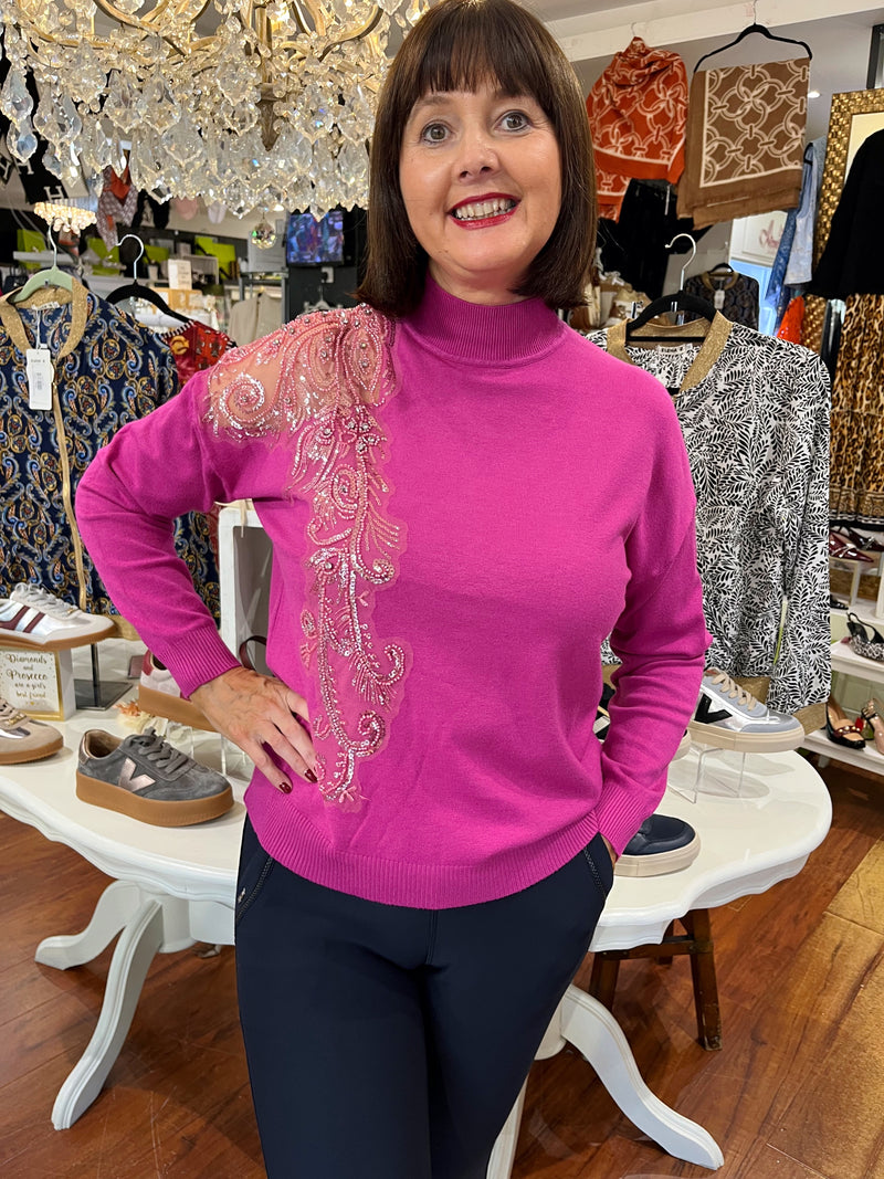 Rosie Polo Bead Embellished Jumper - Magenta