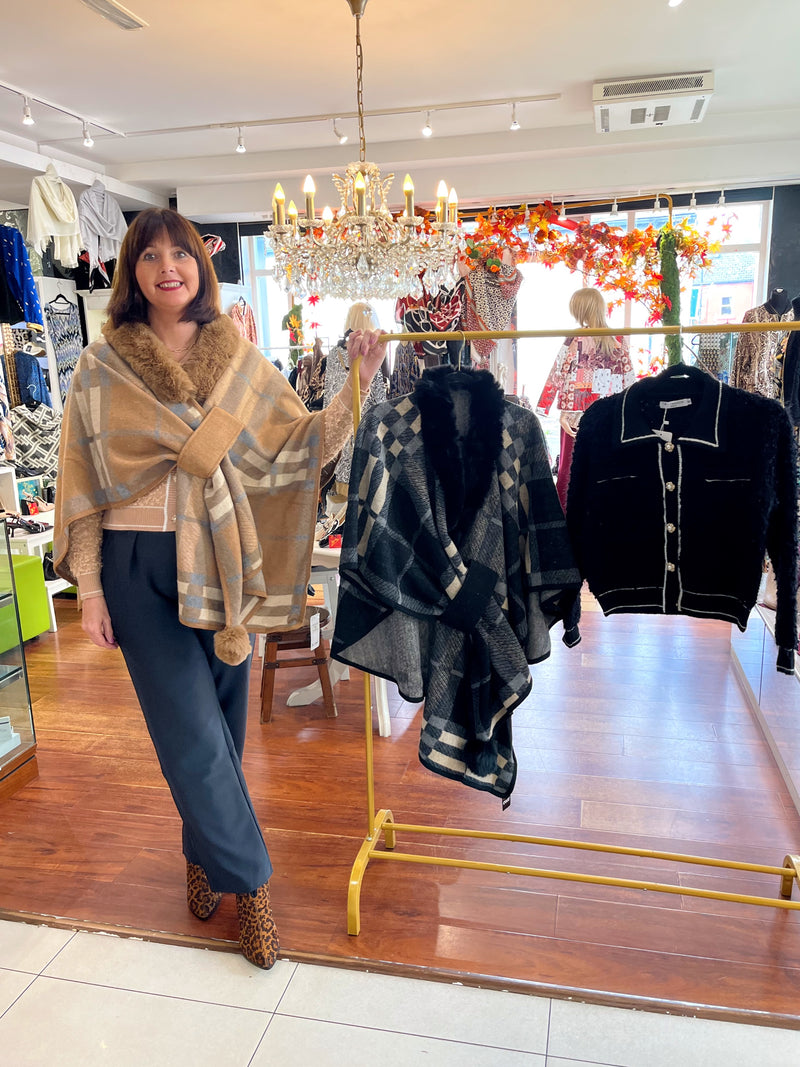Eileen Tartan Cape - Camel