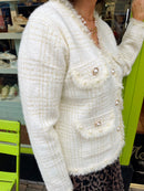 Laurel Gold Thread & Pearl Knitted Jacket - Cream