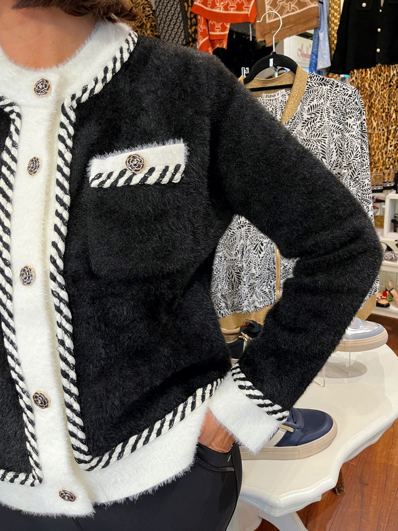 Martha Flower Button Monochrome Knitted Jacket - Black