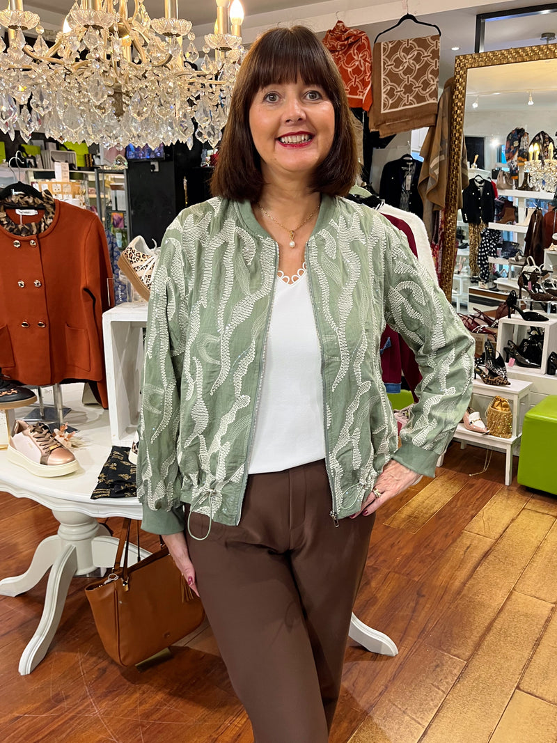 Billie Sequin & Embroidery Bomber Jacket - Green