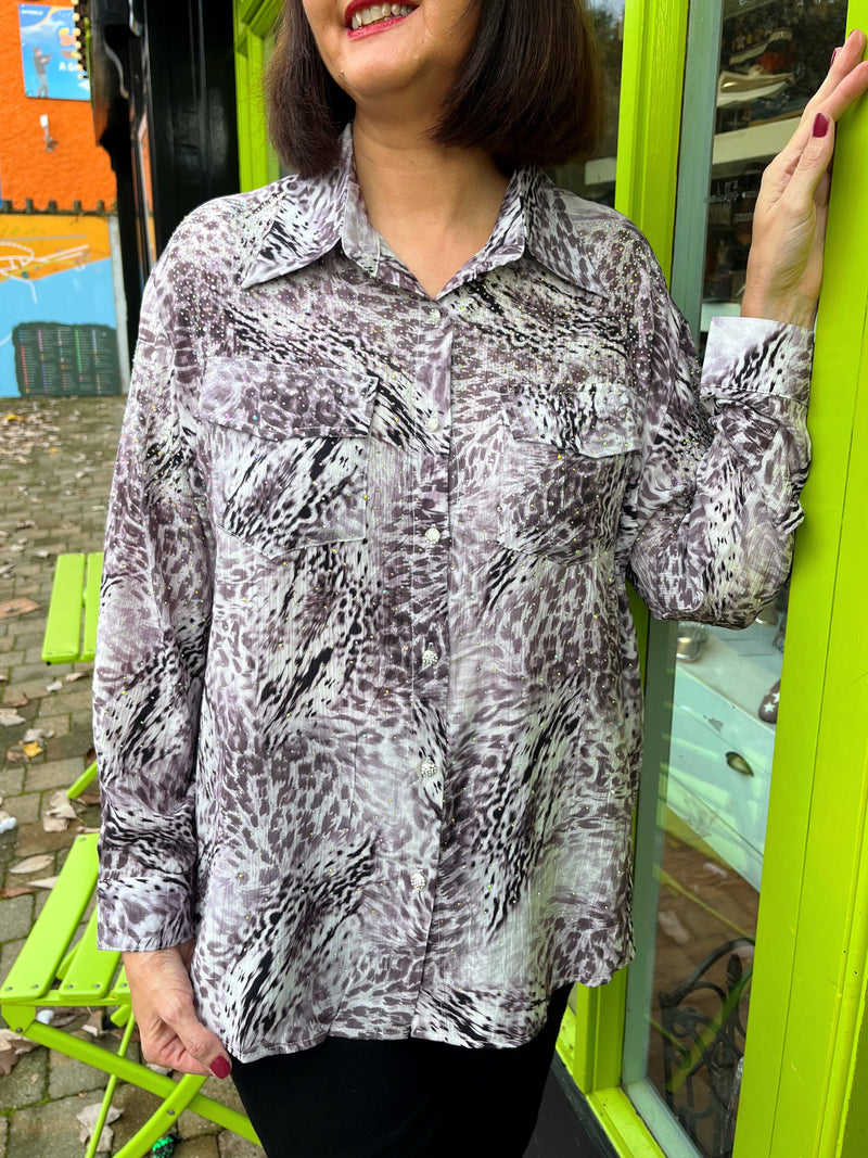 Ryleigh Diamante Embellished & Animal Print Shirt - Mauve Grey Leopard
