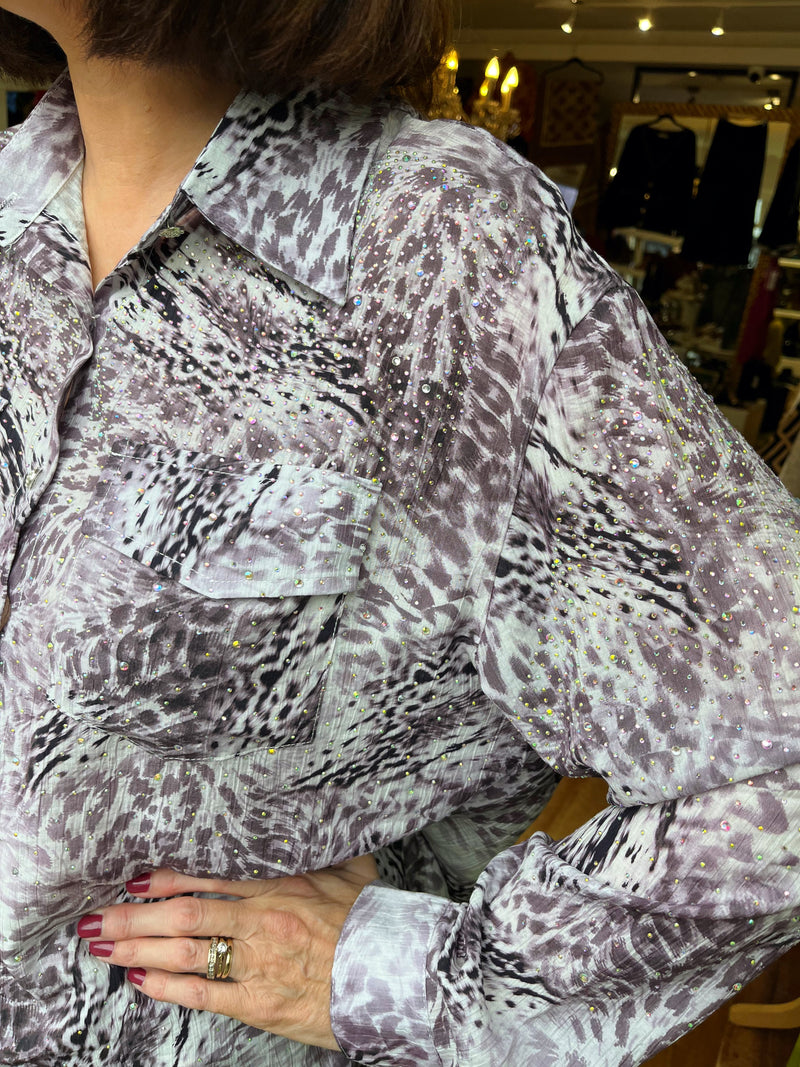 Ryleigh Diamante Embellished & Animal Print Shirt - Mauve Grey Leopard