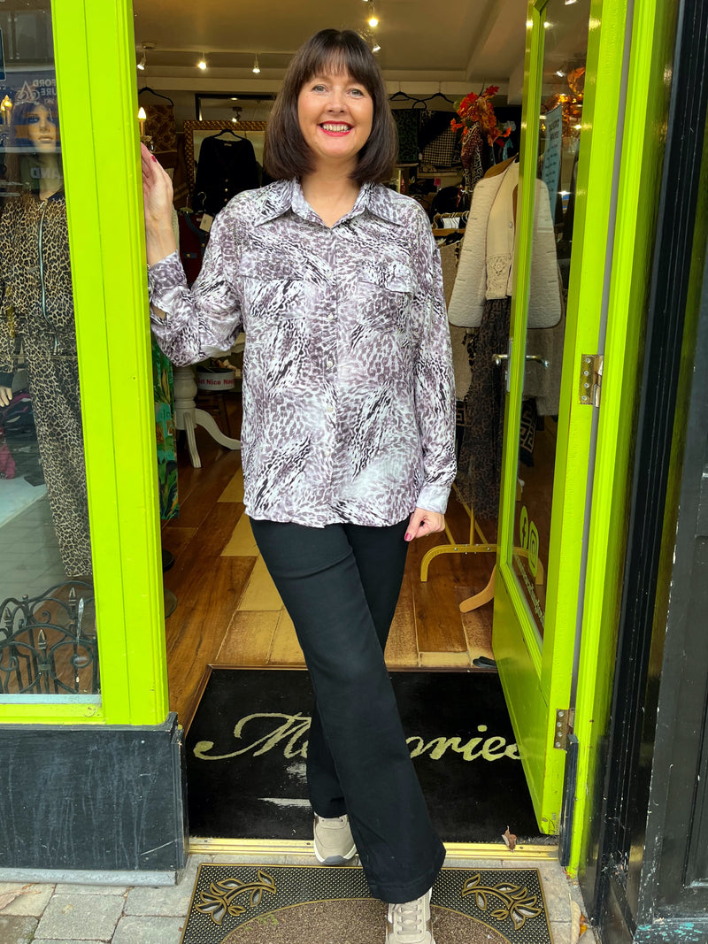 Ryleigh Diamante Embellished & Animal Print Shirt - Mauve Grey Leopard