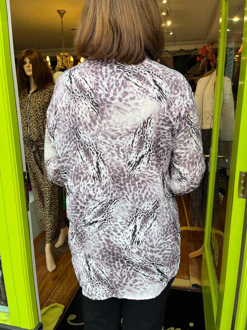 Ryleigh Diamante Embellished & Animal Print Shirt - Mauve Grey Leopard