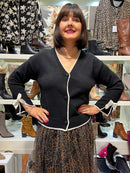 Tara Monochrome Bow Cuff Cardi - Black