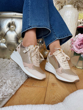 XTI Wedge Trainer Beige & Rose Gold 142280