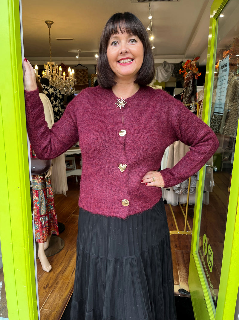 Rowan Gold Button Knit Cardi - Burgundy