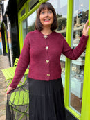 Rowan Gold Button Knit Cardi - Burgundy