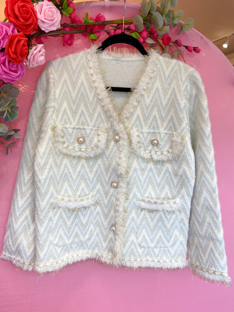 Lainey Metallic Thread Knitted Jacket - Cream With Blue & Gold