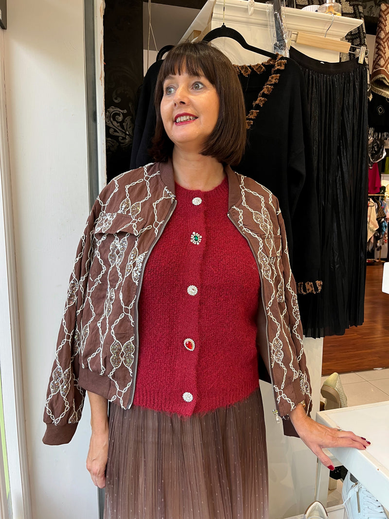 Trey Sequin & Embroidery Bomber Jacket - Chocolate