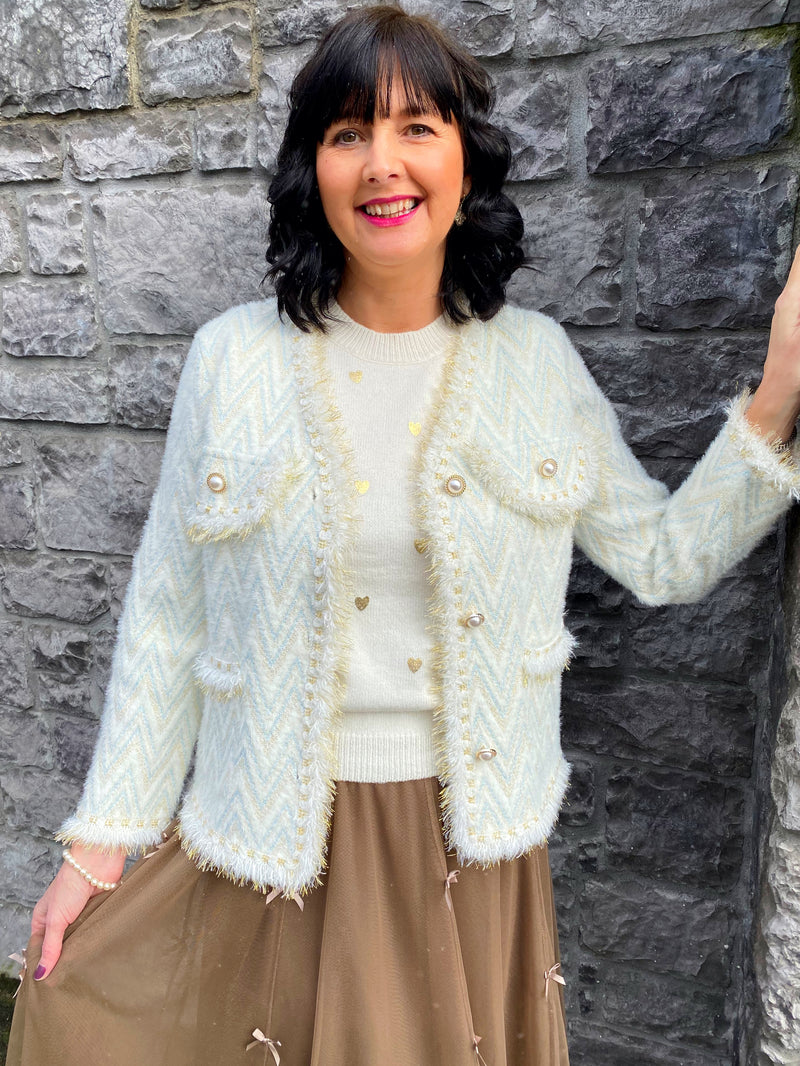 Lainey Metallic Thread Knitted Jacket - Cream With Blue & Gold