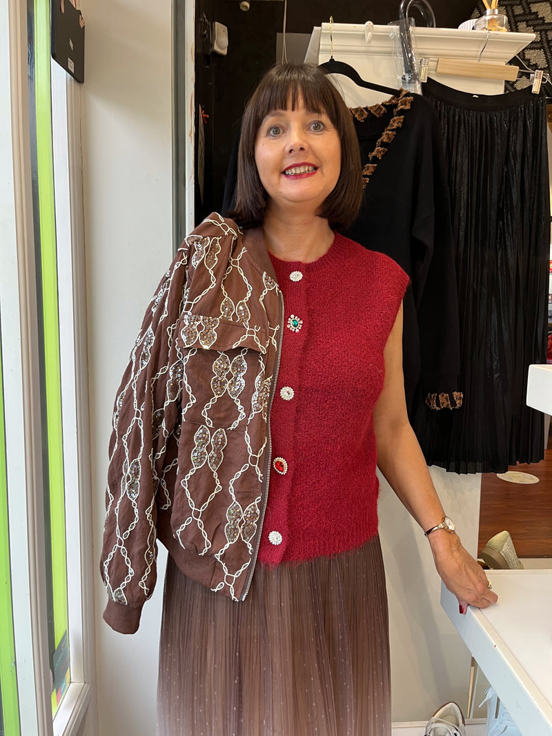 Trey Sequin & Embroidery Bomber Jacket - Chocolate