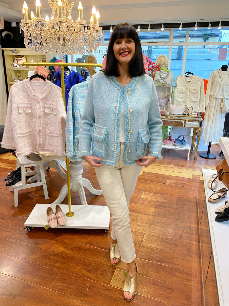Gianna Pearl Knitted Jacket - Sky Blue