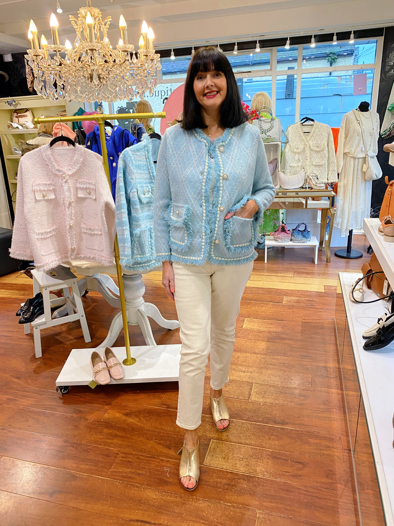 Gianna Pearl Knitted Jacket - Sky Blue