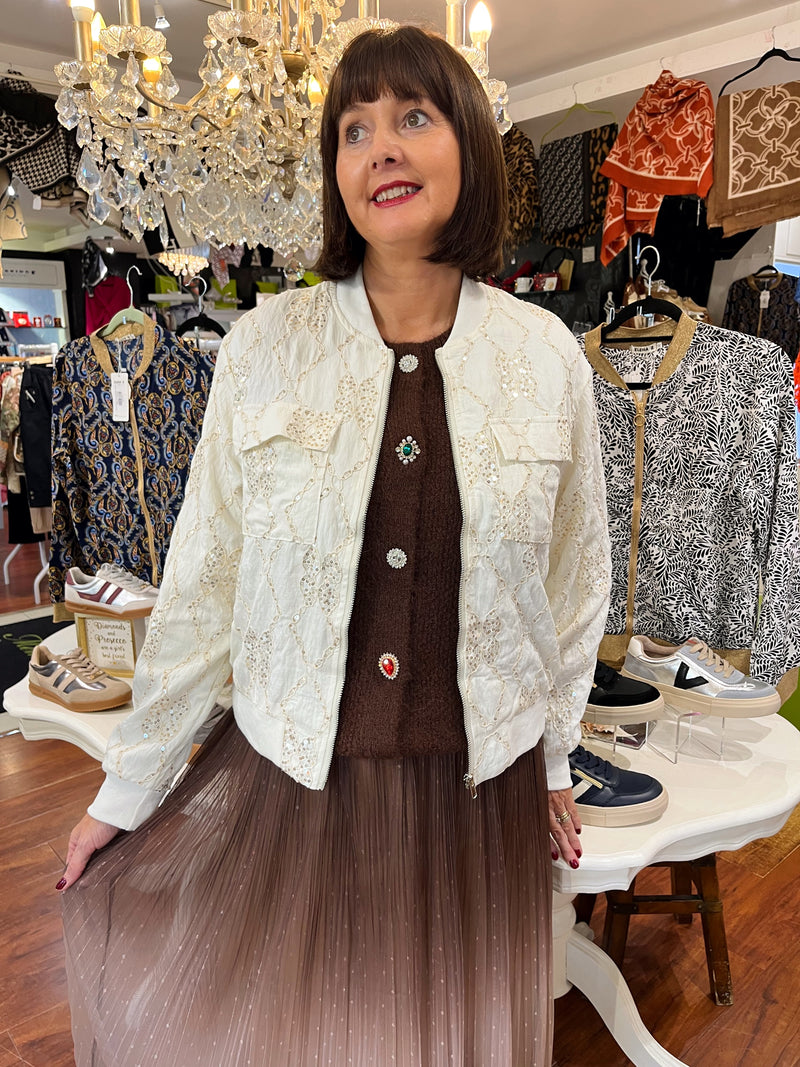 Trey Sequin & Embroidery Bomber Jacket - Cream