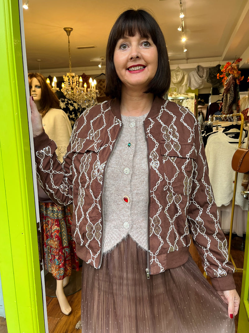 Trey Sequin & Embroidery Bomber Jacket - Chocolate