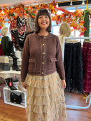 Ellia Gold Button Cardi - Chocolate Brown
