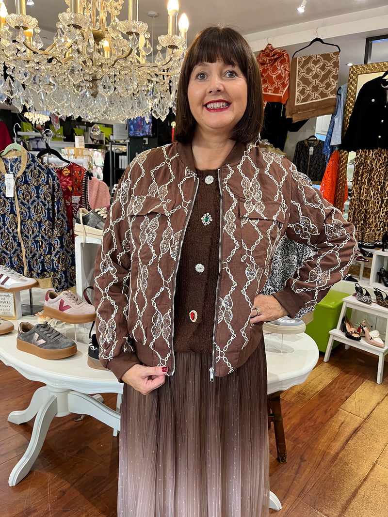Trey Sequin & Embroidery Bomber Jacket - Chocolate