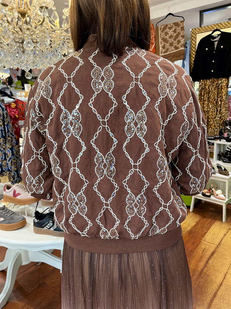 Trey Sequin & Embroidery Bomber Jacket - Chocolate