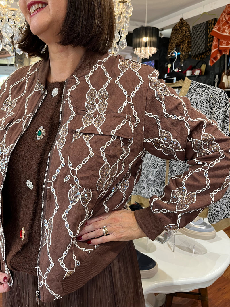 Trey Sequin & Embroidery Bomber Jacket - Chocolate