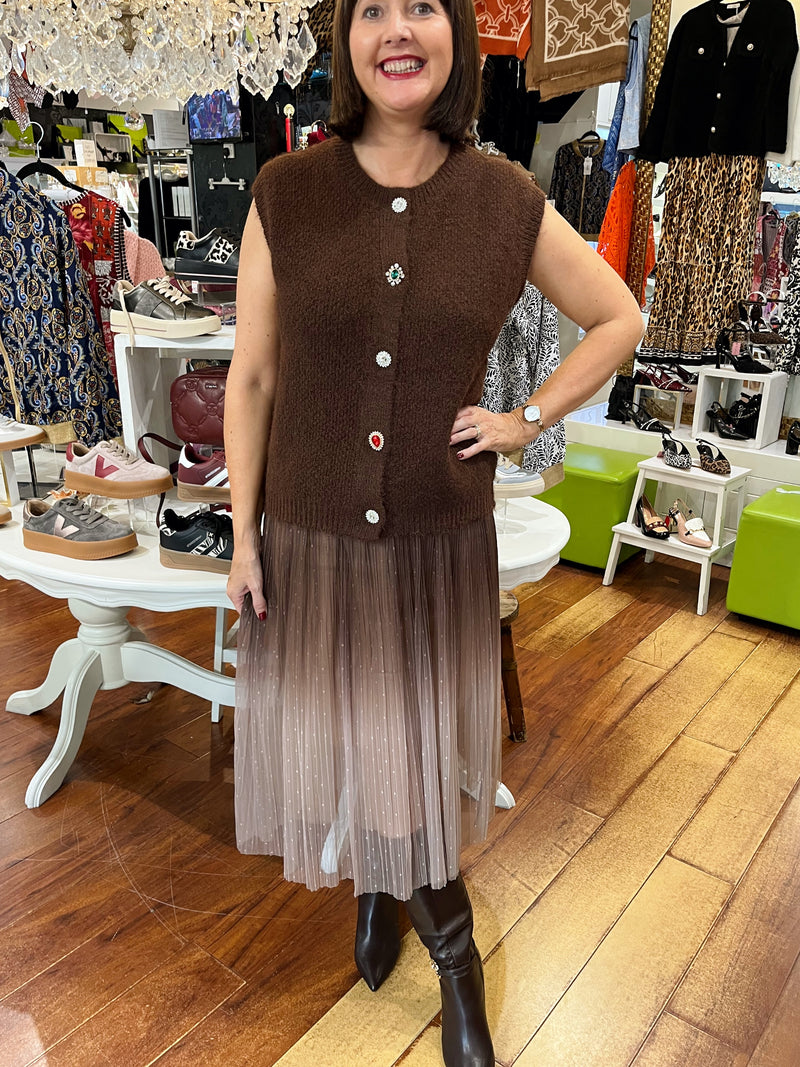 Sydney Jewel Button Knit Vest - Brown