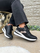 XTI Wedged Black Sparkle & Animal Print Trainers 144629
