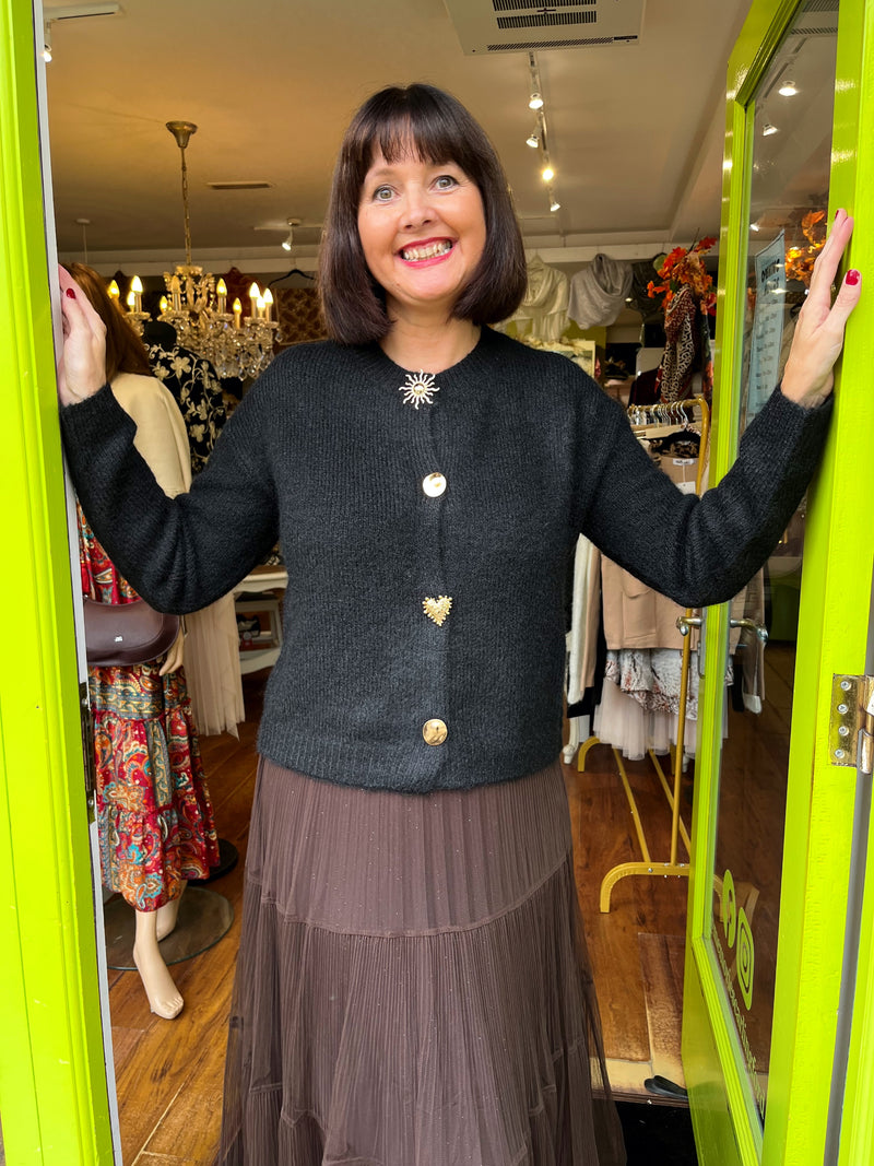 Rowan Gold Button Knit Cardi - Black