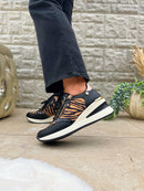 XTI Black & Camel Tiger Print Wedge Trainers 144378