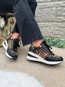 XTI Black & Camel Tiger Print Wedge Trainers 144378