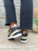 XTI Black & Camel Tiger Print Wedge Trainers 144378