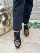 XTI Black & Camel Tiger Print Wedge Trainers 144378